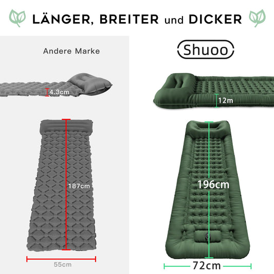 Shuoo self-inflating sleeping pad 12CM thickened 72CM extra wide camping mattress ultralight with foot pump & pillow waterproof air mattress ultra small pack for outdoor hiking