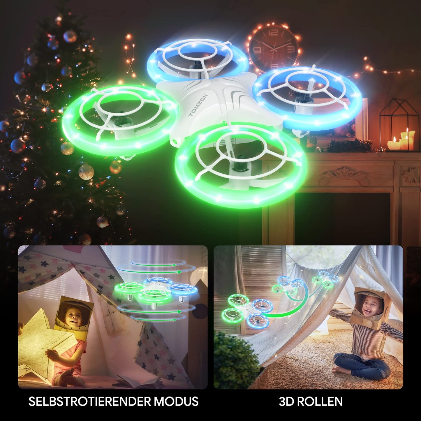 TOMZON Mini Drone for Kids, Blue and Green LED Lights, RC Quadcopter with 2 Batteries, Headless Mode, Throw Go/3D Flip/Rotation/Circle Fly for Beginner Kids
