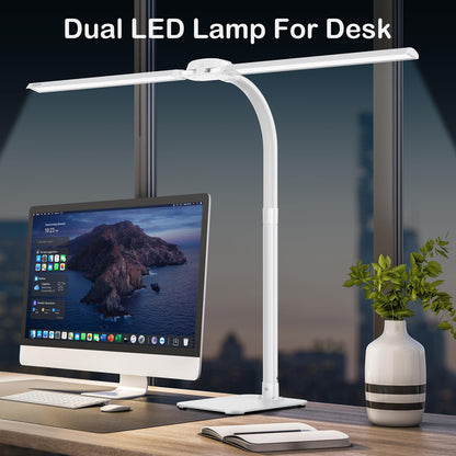 Kary LED Desk Lamp Dimmable with USB Charging Port and base, 24W Ultra Bright Dual Head Table Lamp for Office, Work, Design, Reading, Eye-Care Lamp with Remote Control, White