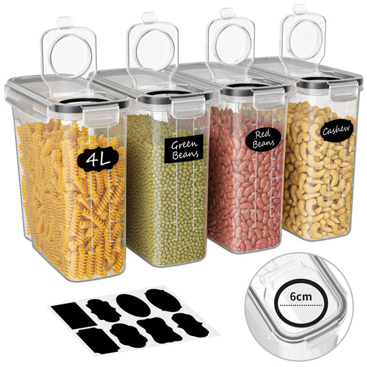 Without 4L Food Storage Containers Airtight 4-Pack, Kitchen Storage Box with Plastic Lid, Food Canisters for Cereal, Flour, Granola