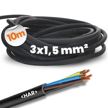 10 meters cable 1600103 H07RN-F 3x1.5 mm² rubber cable flexible with protective earth I UV resistant cable for outdoor use I oil resistant I flame retardant I connection cable 3G1.5 mm2 black
