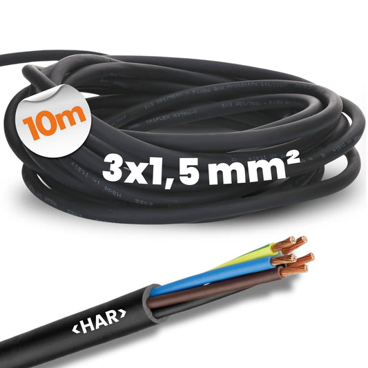 10 meters cable 1600103 H07RN-F 3x1.5 mm² rubber cable flexible with protective earth I UV resistant cable for outdoor use I oil resistant I flame retardant I connection cable 3G1.5 mm2 black