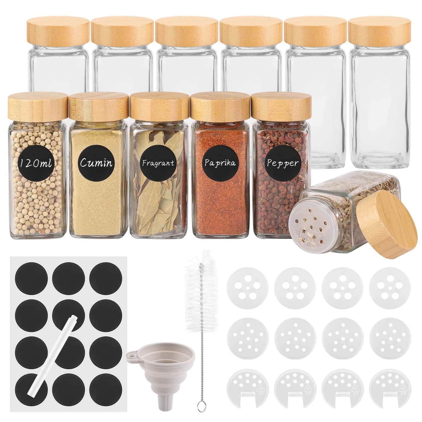 Withosent 12-Piece Set Spice Jars Square with Screw Cap, 120ml Spice Jars with Wooden Lid, Spice Shaker Glass Spice Container, Spice Storage with Sprinkle Insert, Labels, Funnel, Brush