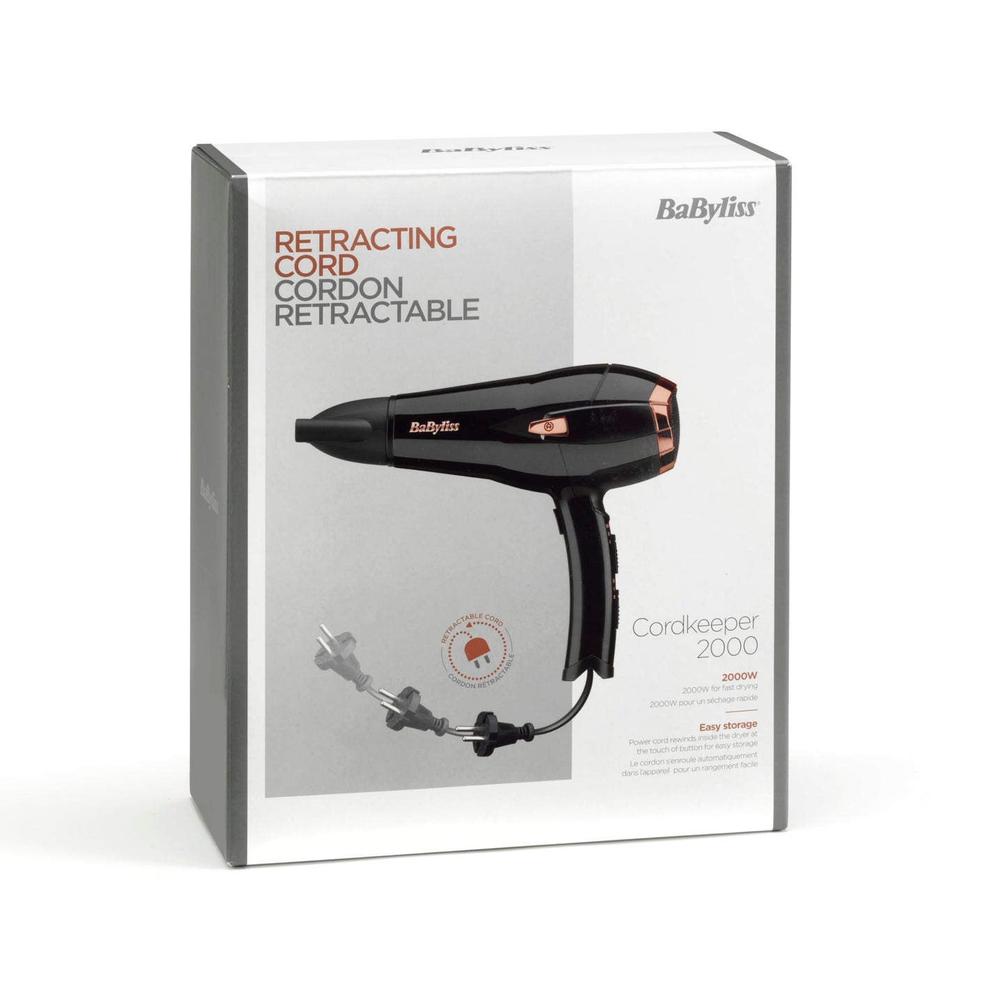 Babyliss Cordkeeper 2000 Ionic Hair Dryer D373E with unique cord retraction feature in the handle, 2000 watts, Black