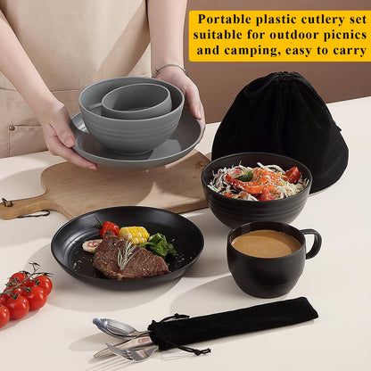 Mountain country camping cutlery set of 2 pieces, reusable cutlery sets with knife, fork, spoon, cups and plates, and bowls, portable travel cutlery set, easy to clean, dishwasher safe.