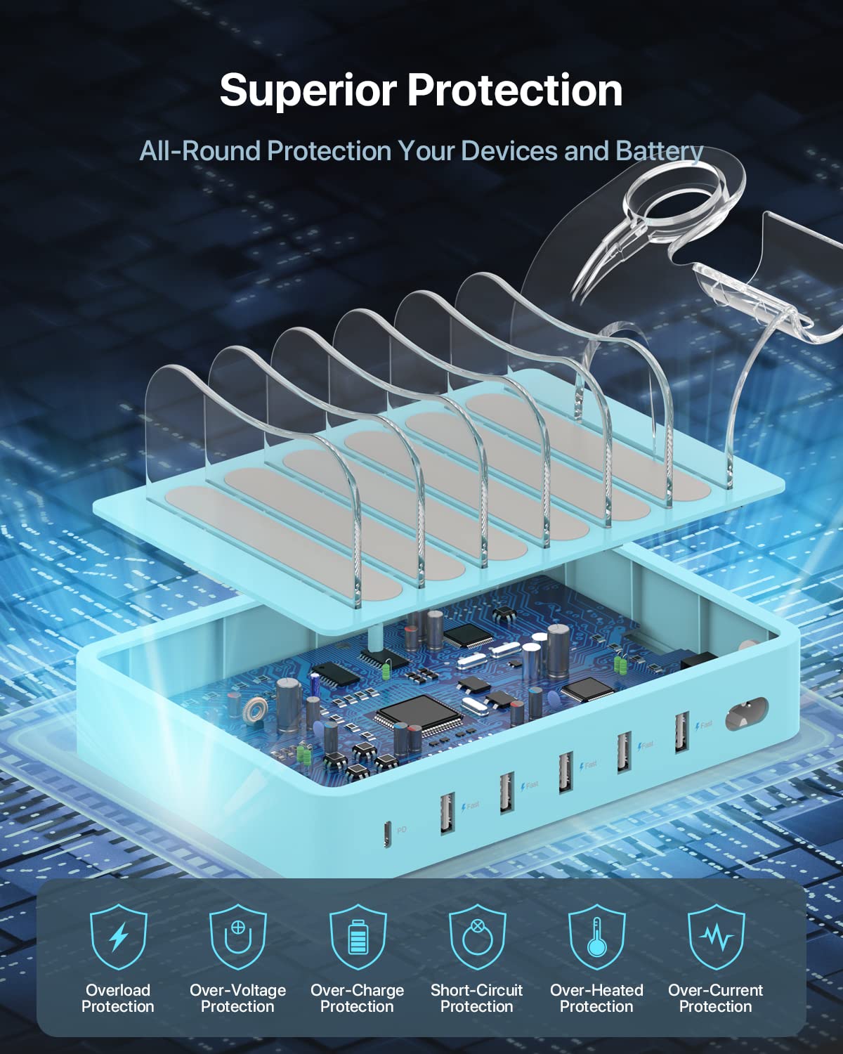 SooPii USB Charging Station 60W/12A, 6-Port Docking Station, Organizer for multiple devices with i Watch Holder, 6 cables included for phones, tablets, and other electronic devices.