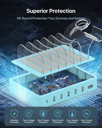 SooPii USB Charging Station 60W/12A, 6-Port Docking Station, Organizer for multiple devices with i Watch Holder, 6 cables included for phones, tablets, and other electronic devices.