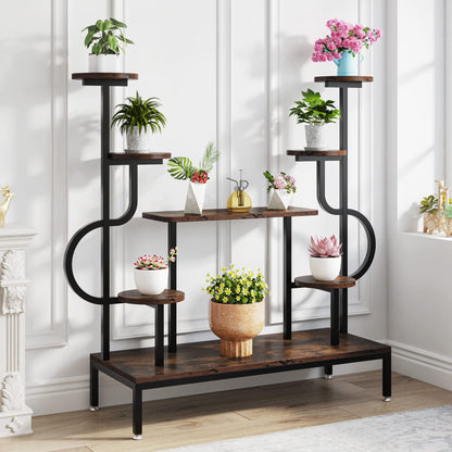 Tribesigns 5-tier metal plant stand for indoor and outdoor use. Multi-level flower stand flower ladder plant ladder wood pot holder for living room balcony (Rustic Brown)