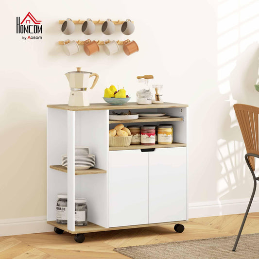HOMCOM kitchen cart trolley serving cart with handle, adjustable shelves, cabinet, countertop, kitchen shelf on wheels, storage cart for kitchen bathroom office living room White