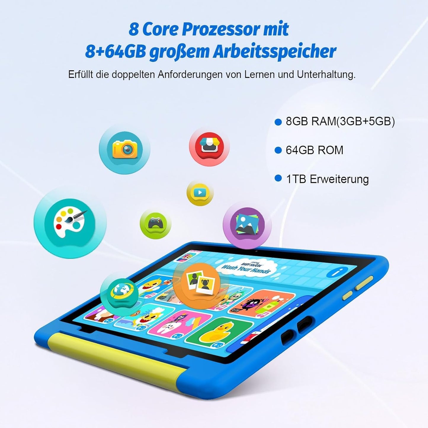 Freeski Kids Tablet 10.1 inch, Android 14 tablet for kids with parental control app, 8GB+64GB+1TB expandable storage, 5MP+8MP cameras, 5000mAh battery, Wi-Fi 6, Bluetooth 5.0, Type-C (Blue)