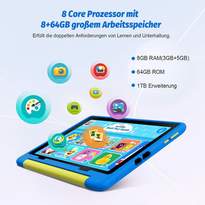 Freeski Kids Tablet 10.1 inch, Android 14 tablet for kids with parental control app, 8GB+64GB+1TB expandable storage, 5MP+8MP cameras, 5000mAh battery, Wi-Fi 6, Bluetooth 5.0, Type-C (Blue)