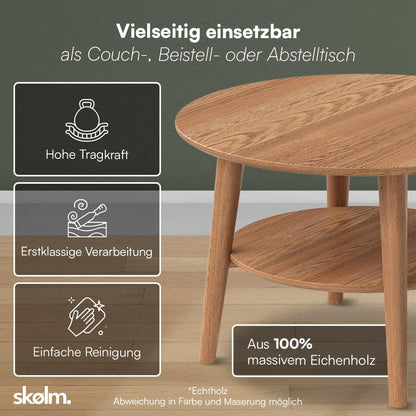 Skølm Mjölnir coffee table round - living room table wood - high-quality side table for living room - coffee table made of solid oak wood, dark oiled natural - sofa table with shelf - coffee table Ø70 cm.