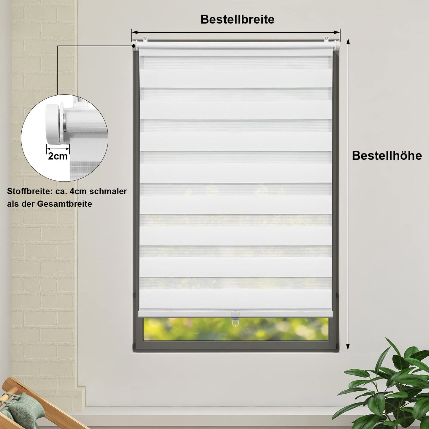 WOLTU Double Roller Blind Cordless Clamp Fix without Drilling White W100 x H120 cm, Duo Roller Blind translucent Window Blind for indoor darkening, Zebra Blind without chain for Window & Door