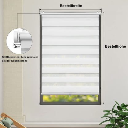 WOLTU Double Roller Blind Cordless Clamp Fix without Drilling White W100 x H120 cm, Duo Roller Blind translucent Window Blind for indoor darkening, Zebra Blind without chain for Window & Door