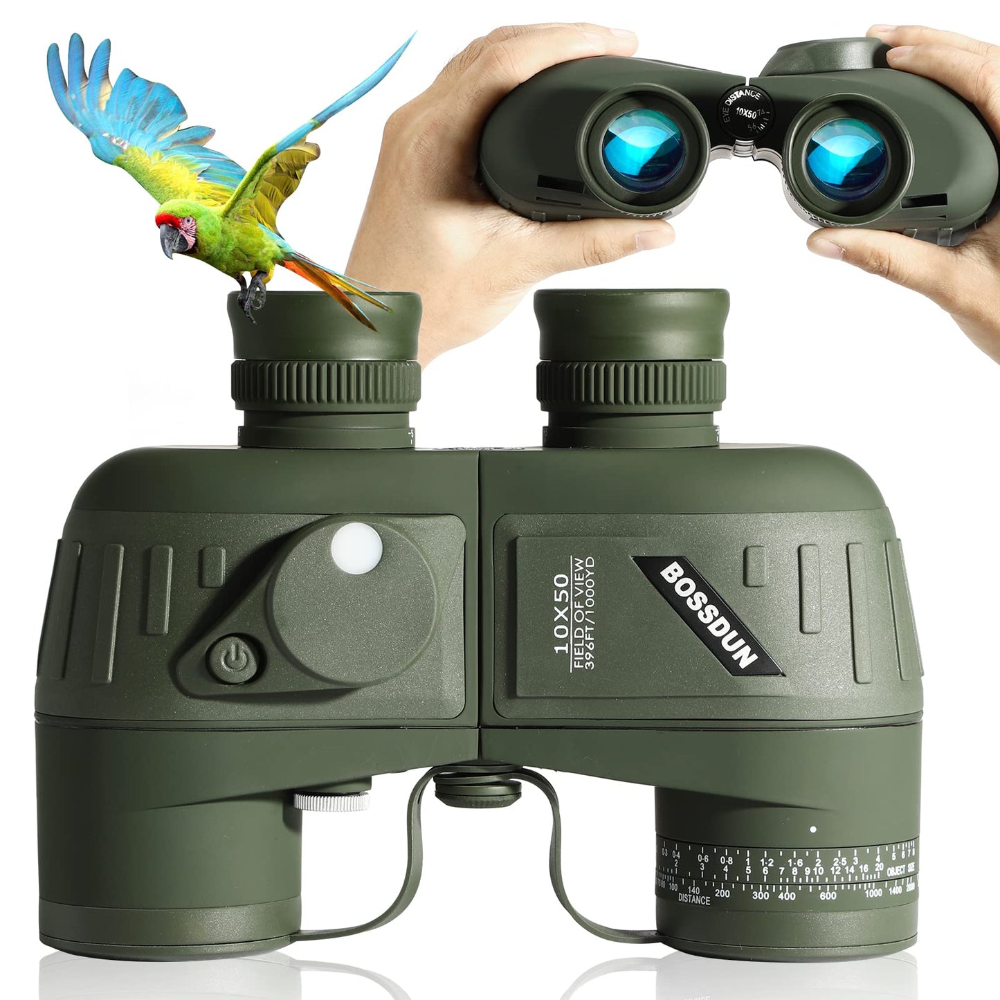 10x50 Marine Binoculars with night vision rangefinder and compass, perfect for water sports enthusiasts and hobby sailors. Includes carrying case, dust caps, and neck strap.