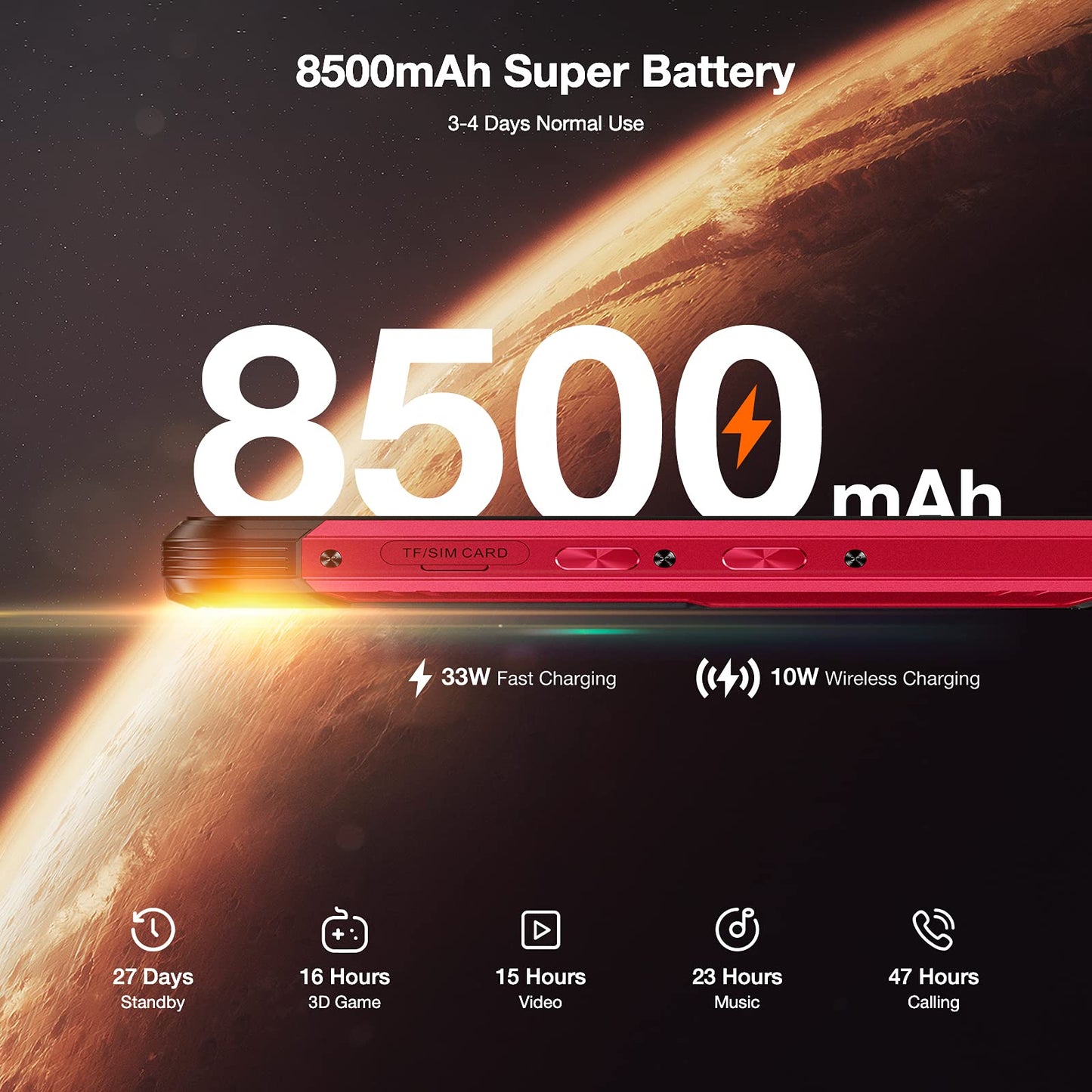 DOOGEE S97 PRO outdoor smartphone with 40m laser rangefinder, 8GB+128GB, 8500mAh battery (wireless charging), 6.39" UHD display, IP68, NFC/GPS, Android 11. Available in red. No contract required.