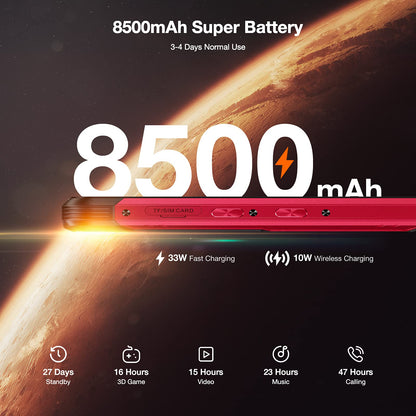 DOOGEE S97 PRO outdoor smartphone with 40m laser rangefinder, 8GB+128GB, 8500mAh battery (wireless charging), 6.39" UHD display, IP68, NFC/GPS, Android 11. Available in red. No contract required.