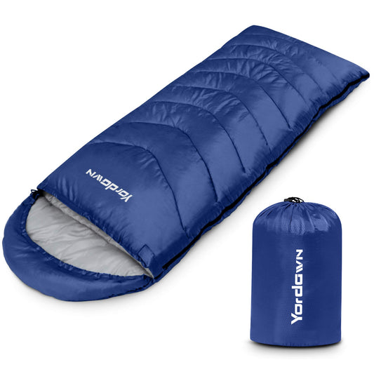 Yordawn sleeping bag for outdoor camping, adults, and kids. Suitable for summer and winter, 3-4 seasons. Ultralight, compact, waterproof, dark blue color. Ideal for travel.
