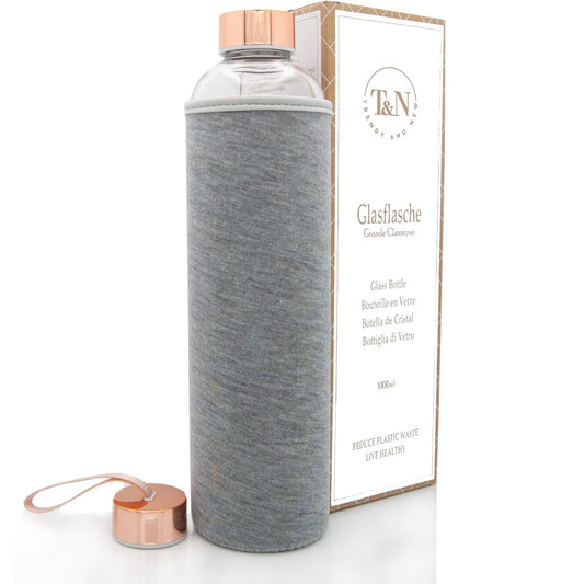 T&N glass bottle 1 liter / 750ml / 500ml - Glass drinking bottle 1l with neoprene sleeve - Leak-proof glass water bottle - Thicker borosilicate glass suitable for carbonation.