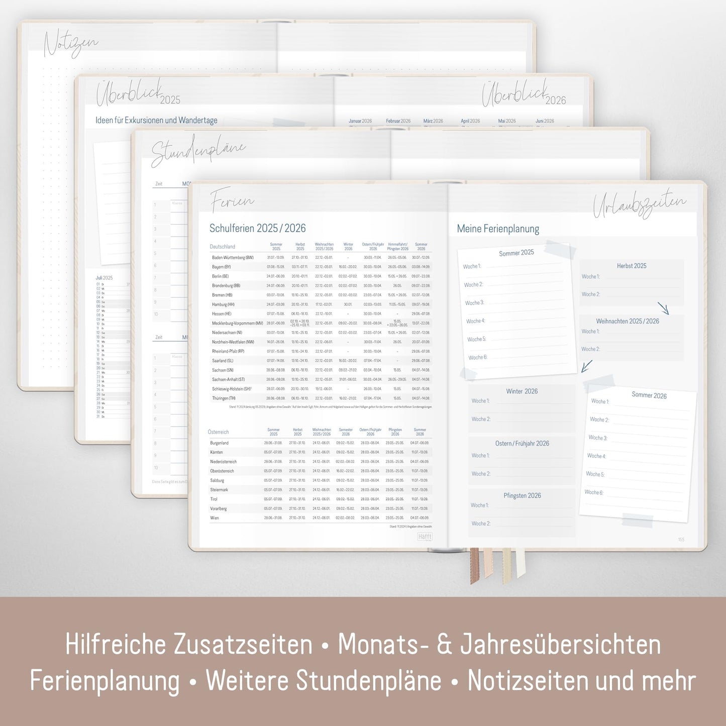 Häfft® Teacher Planner 2025/2026 A5 + "Beige Ginkgo" Hardcover Teacher Calendar/School Year Planner with 236 pages, stickers, and more - sustainable & climate-friendly.