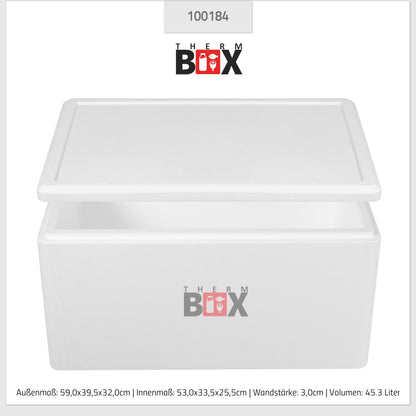 THERM-BOX Styrofoam box 45W Inside: 53x33x25cm Wall: 3cm Volume: 45.3L Insulated box Cooler Warm box Reusable
