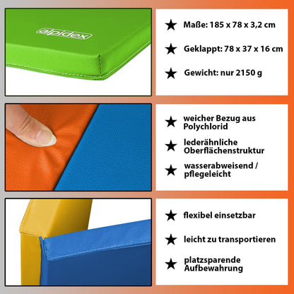 ALPIDEX Folding gymnastics mat 185 x 78 x 3.2 cm Soft floor mat for home, kids, adults, Color: colorful