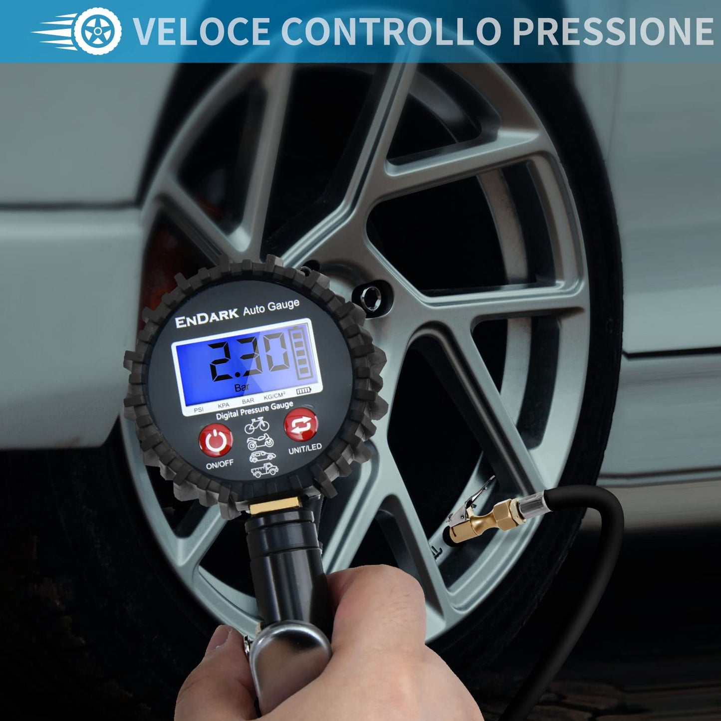 Digital tire inflator gauge air pressure tire pressure gauge - ENDARK air pressure gauge digital tire pressure meter & gauge 200 Psi tire pressure filling device for car, bicycle, truck, motorcycle