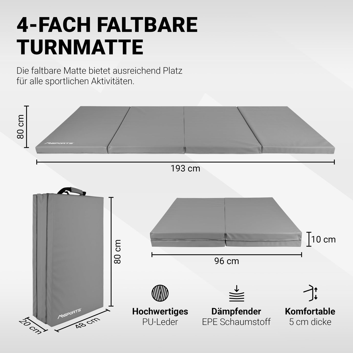 MSPORTS Gymnastics Mat Premium foldable floor mat 190 x 80 x 5 cm Sports mat for home children adults (Gray, 190 x 80 x 5 cm)