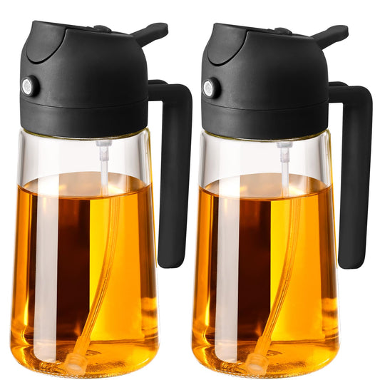 SWEET VIEW 2 in 1 Oil Sprayer for Cooking, 470ml Glass Oil Bottle/Olive Oil Spray Bottle for Salad, Grilling, and Air Fryer (Black, Black)
