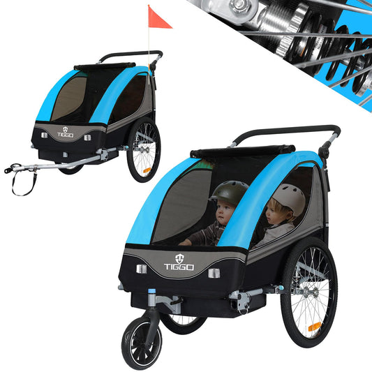 Tiggo S2 child trailer with suspension – also converts to a jogger – versatile 2 in 1 buggy and bike trailer with 360° swivel.