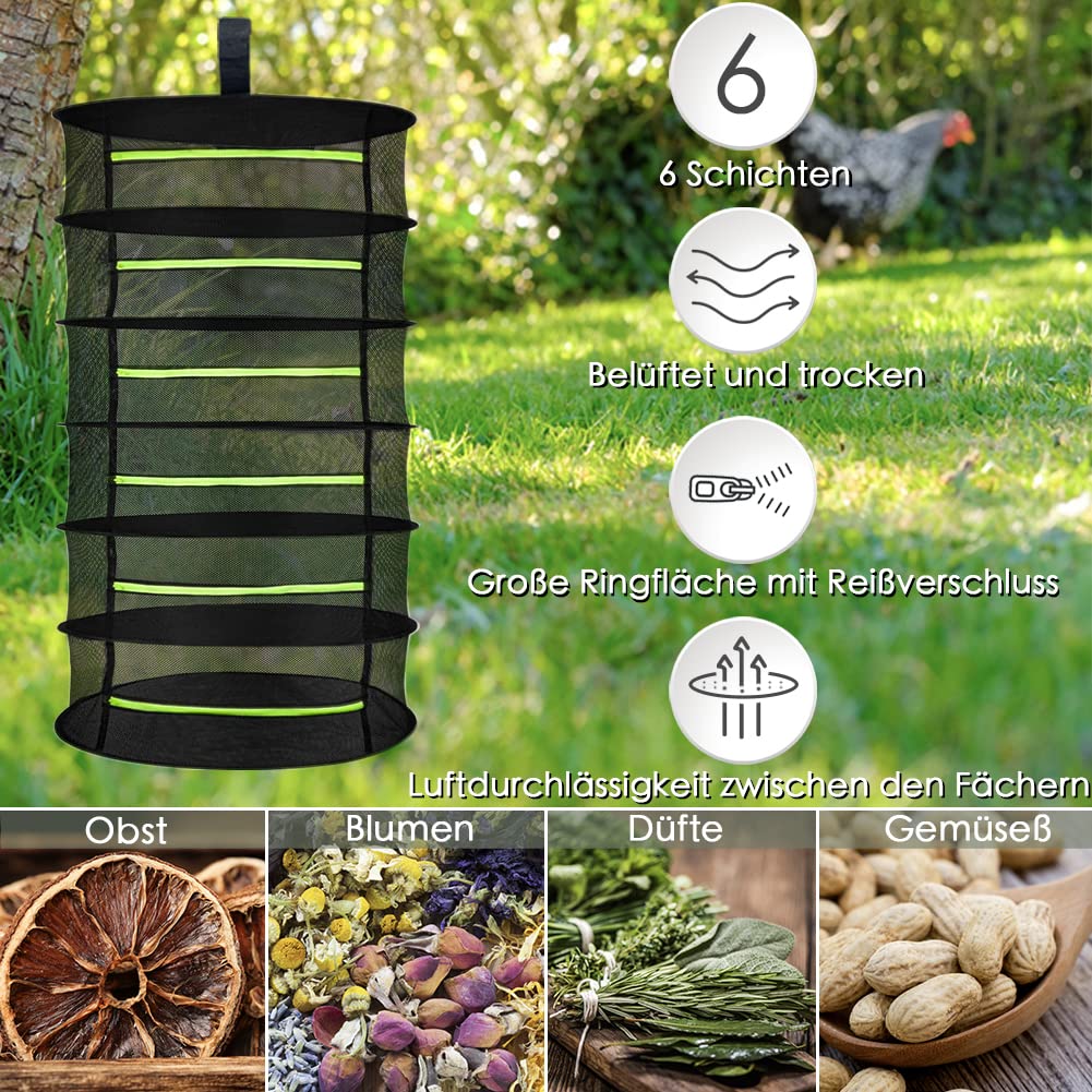 MORELX Herb Drying Rack, 6-layer Drynet, Hanging Drying Net with zippers, Foldable Drying Net with S-hooks and storage bag.