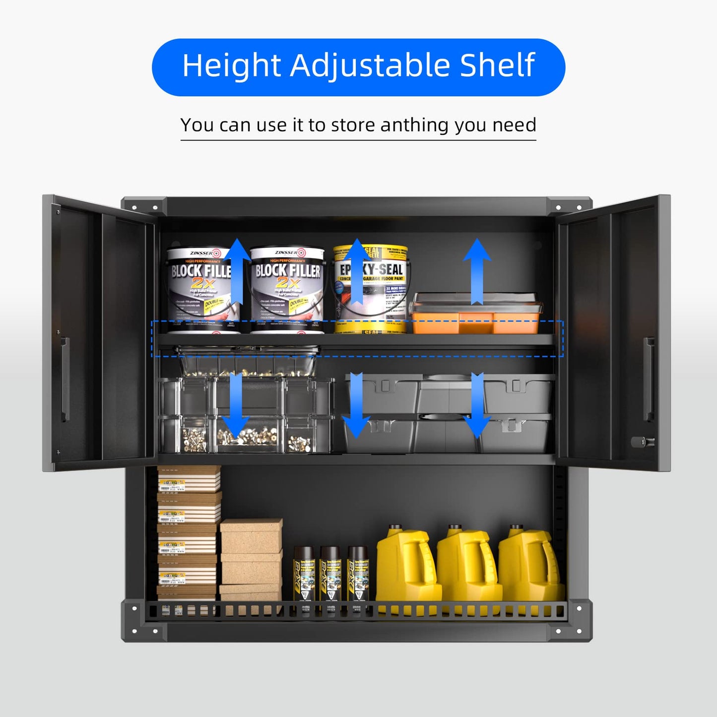 SUPER wall cabinet metal tool cabinet with 1 adjustable shelves & 2 doors & 1 drawer, lockable wall cabinet made of stainless steel, garage workshop kitchen, H77 × W80 × D30cm, black
