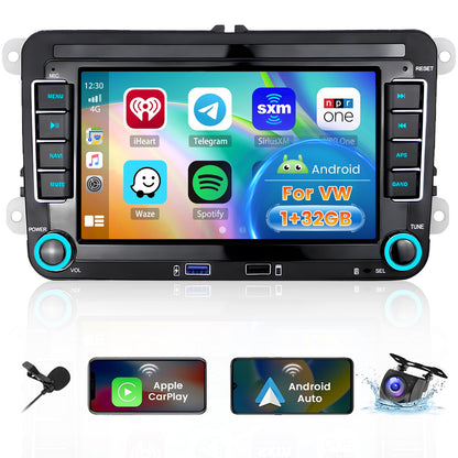 Hikity Android 13 car radio navigation for VW Golf 5 V 6 EOS Passat B6 Touran Polo Caddy, with wireless Carplay, Android Auto, 1+32GB storage, 7-inch 2Din radio with GPS, WiFi, Bluetooth, FM, RDS, Hi-Fi MIC, and AHD rearview camera.