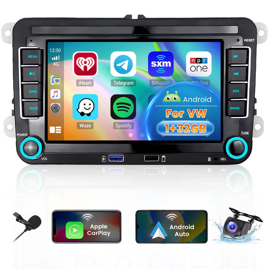 Hikity Android 13 car radio navigation for VW Golf 5 V 6 EOS Passat B6 Touran Polo Caddy, with wireless Carplay, Android Auto, 1+32GB storage, 7-inch 2Din radio with GPS, WiFi, Bluetooth, FM, RDS, Hi-Fi MIC, and AHD rearview camera.