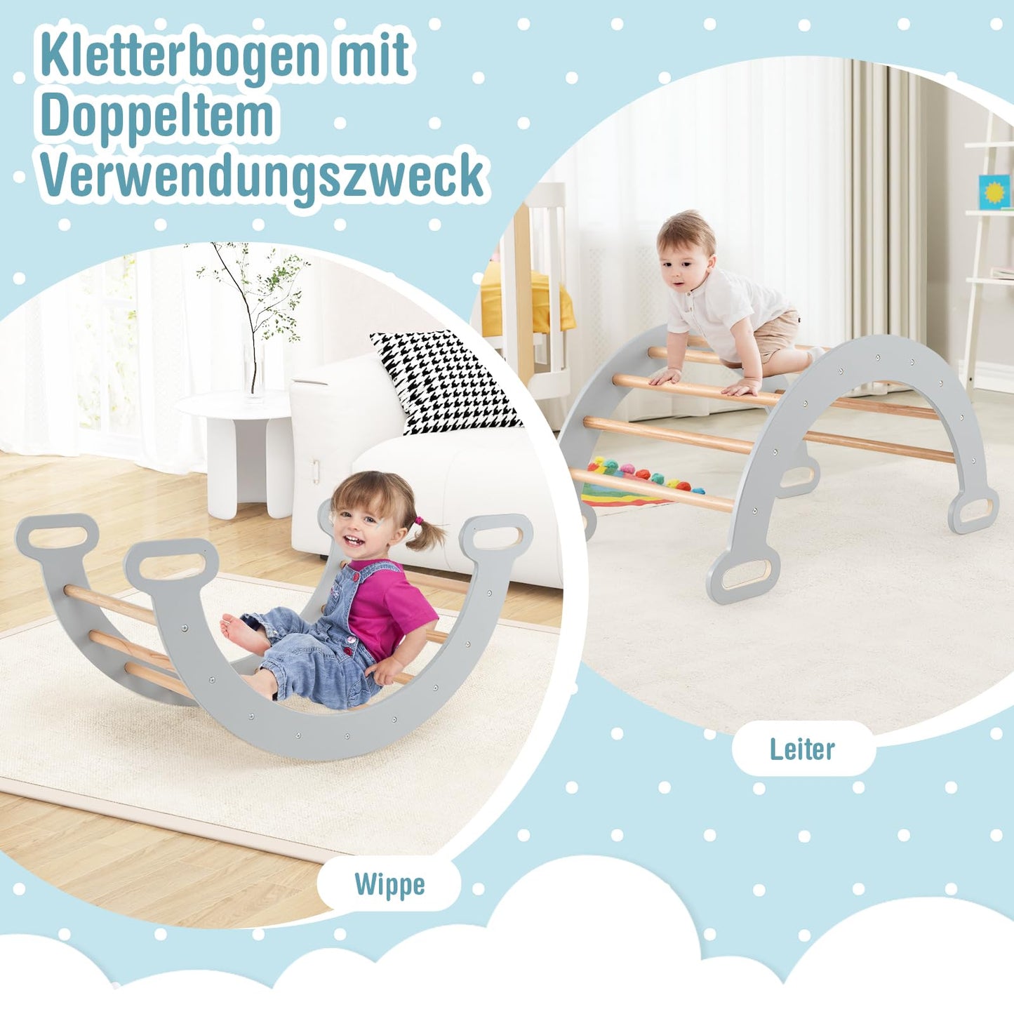 COSTWAY Climbing Triangle with Slide, Climbing Arch, including double-sided ramp, for climbing, sliding and rocking, 4 in 1 climbing frame indoor from 1 year old (Gray)