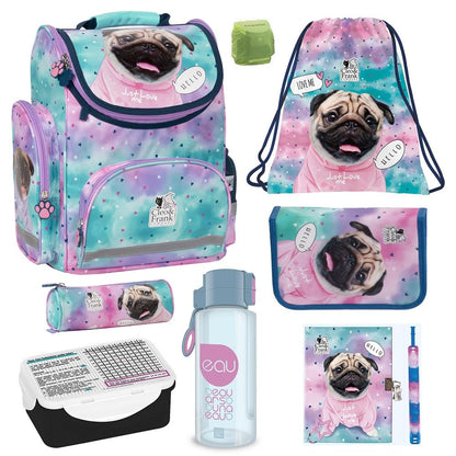 Familando girls school bag set Sweet Puppy Love 8 pcs. with pencil case, lunch box, bottle, and rain cover cute dog puppies turquoise pink