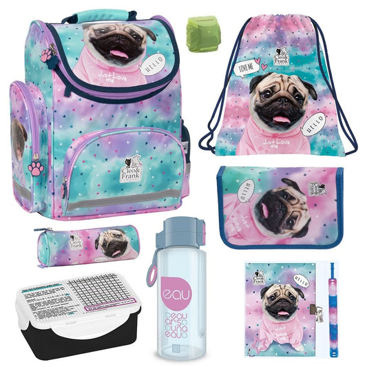 Familando girls school bag set Sweet Puppy Love 8 pcs. with pencil case, lunch box, bottle, and rain cover cute dog puppies turquoise pink