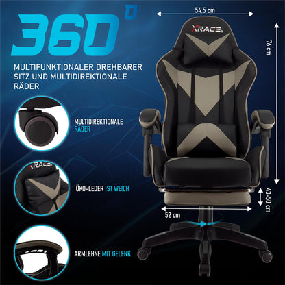 xRace Gaming Chair, Office Chair, Ergonomic PC Chair, Gaming Sofa made of leather with lumbar support, Adjustable Swivel, Task Chairs with Footrest and Headrest, Gray