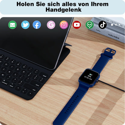 Smartwatch for men and women with phone function Alexa integrated - Fitness watch 100+ sports modes - Smartwatch 1.8 inches & IP68, pedometer watch for Android iOS with heart rate monitor SpO2 stress sleep monitor - blue