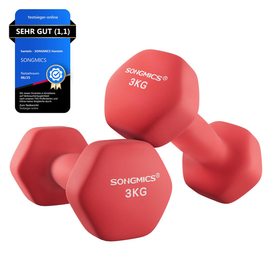 SONGMICS dumbbell set, 2 x 3 kg, with matte neoprene coating, non-slip, strength training, at home, red SYL66RD