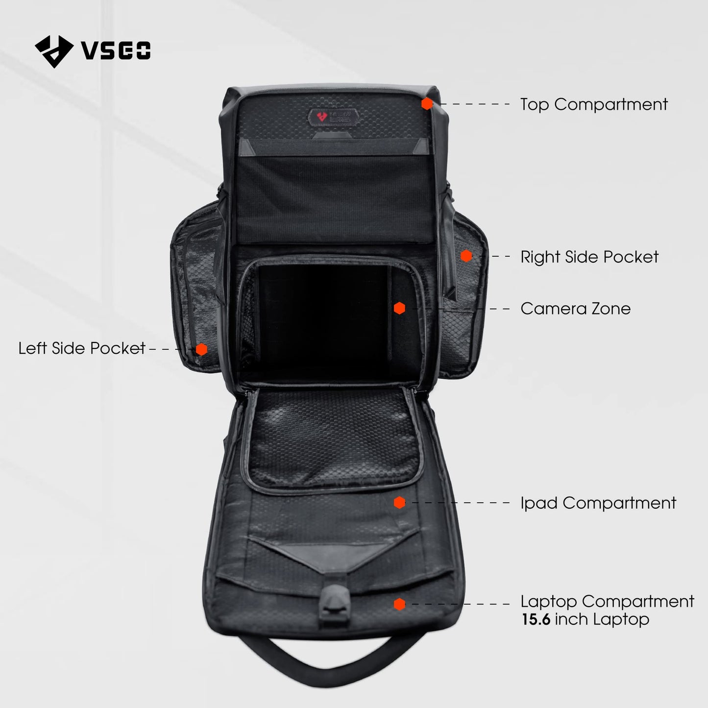 VSGO 20L Professional Camera Backpack designed for DSLR/SLR cameras like Sony, Canon, and Nikon. Also fits DJI RSC2 gimbals, tripods, 15.6" laptops, lenses, and other accessories. Made of waterproof TPU canvas, ideal for travel and outdoor use.