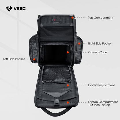 VSGO 20L Professional Camera Backpack designed for DSLR/SLR cameras like Sony, Canon, and Nikon. Also fits DJI RSC2 gimbals, tripods, 15.6" laptops, lenses, and other accessories. Made of waterproof TPU canvas, ideal for travel and outdoor use.