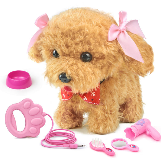 TOMMYHOME interactive toy dog for kids with remote control leash, pull cord, and accessories that can walk and bark. Plush dog toy for children.