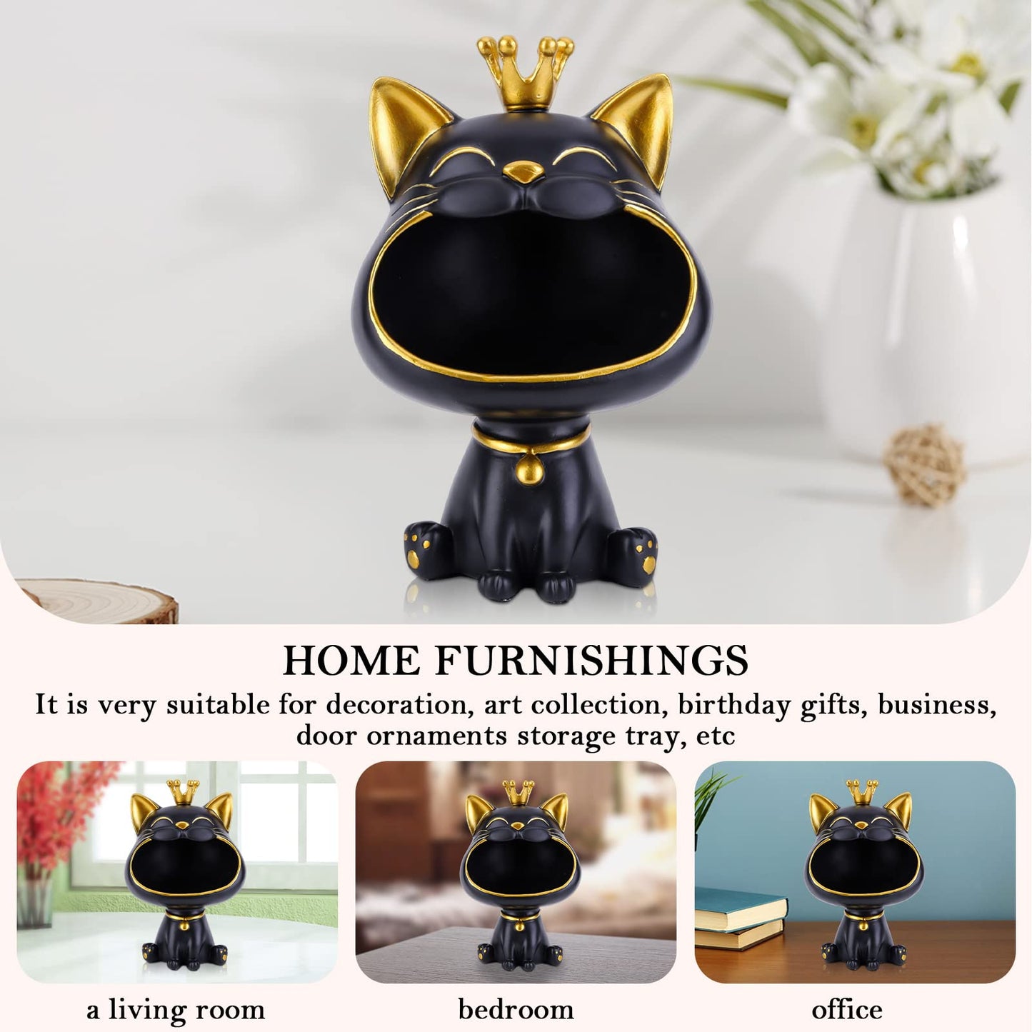 BLOOOK Laughing Cat Figurine Statue, Maneki Neko Fortune Cat Sculpture, Kawaii Cat Decor Gift, Key Tray, Jewelry Tray, Modern Decor for Living Room Home Entryway Furniture (Black)