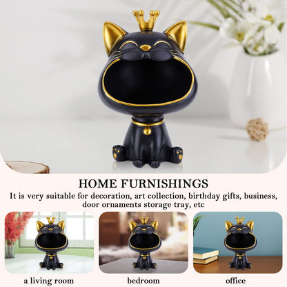 BLOOOK Laughing Cat Figurine Statue, Maneki Neko Fortune Cat Sculpture, Kawaii Cat Decor Gift, Key Tray, Jewelry Tray, Modern Decor for Living Room Home Entryway Furniture (Black)