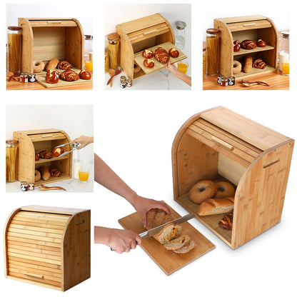 G.a HOMEFAVOR Bamboo Bread Box 2-Tier Bread Holder Roll-Top Bread Storage with Removable Layer, Self-assembly, 38x25x34cm