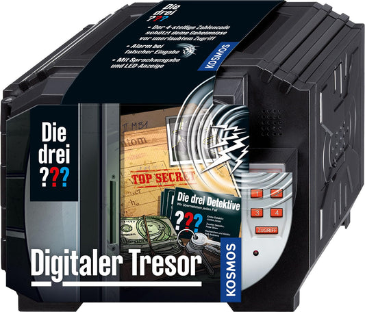 The Three Investigators Digital Safe from KOSMOS. Protect your secrets with a code and voice alarm. Detective toy set for kids aged 8 and up. Mini safe.