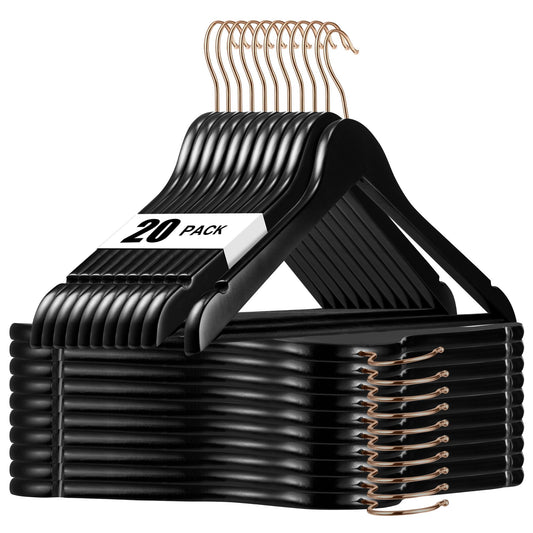 HOUSE DAY Wooden Hangers, 20 Pack Wood Hangers, Black Suit Hangers, 360° Swivel Hook in Rose Gold, Non-Slip, Shoulder Notches.