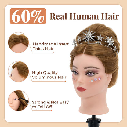 Neverland Beauty 71 cm training head with 60% real hair, barber mannequin head, cosmetology doll head with table clamp and hairdressing tool set, straight, human hair, sew-in gold.