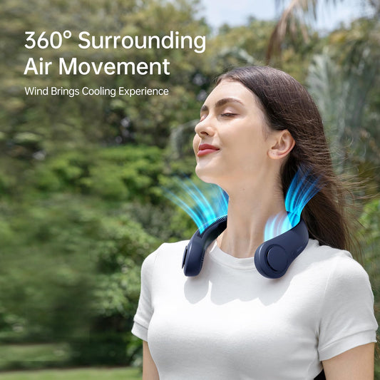 JISULIFE Portable neck fan, bladeless neck fan, 5 speeds, 4000mAh battery operated personal fan, gift for women and men - Dark Blue